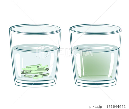 Soluble Tofu Litter Pellets in glass of water, before and after illustration. Concept of organic eco friendly flushable cat toilet filler. Vector isolated drawing 121644631