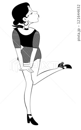 Dancing pretty young woman.  Dancing young woman. Black and white illustration 121644632