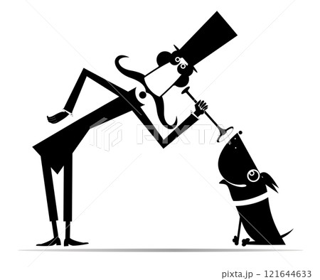 Male veterinarian examining a dog.  Funny long mustache man in the top hat examining a smiling dog by endoscope. Black and white illustration 121644633