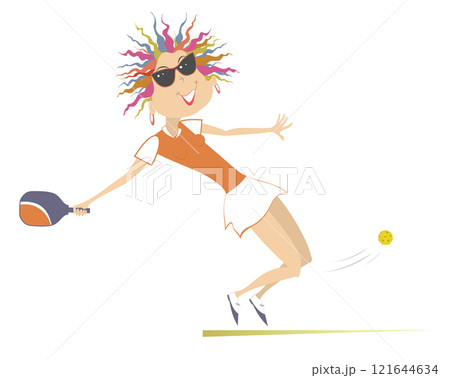 Smiling young woman playing pickleball.  Pickleball sport. Young woman plays pickleball. Isolated on white background 121644634