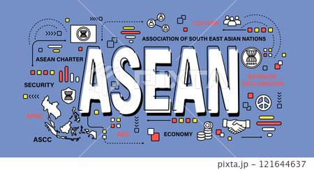 ASEAN . Association of South East Asian Nations . Word and outline icon on solid color background . Vector . 121644637