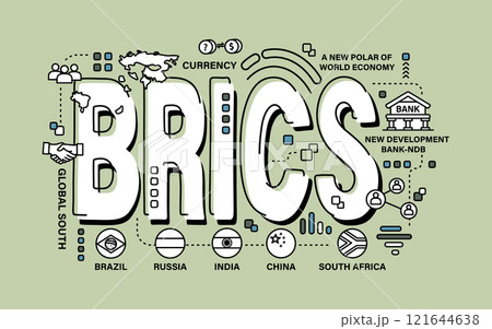 BRICS . Association of 5 countries . Word and outline icon on solid color background . Vector . BRICS . Association of 5 countries . Word and outline icon on solid color background . Vector . 121644638
