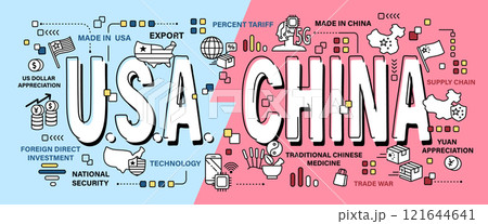 United states of america vs China . Word and outline icon on solid color background . Competition and Conflict of both country . Vector . United states of america vs China . Word and outline icon on solid color background . Competition and Conflict of both country . Vector . 121644641