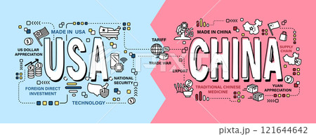 United states of america vs China . Word and outline icon on solid color background . Competition and Conflict of both country . Vector . 121644642