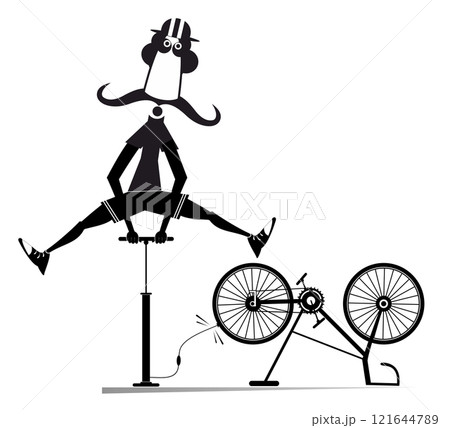Cyclist man and a broken bicycle. Cyclist man inflates the wheel.  Sportsperson repairs the bicycle. Cartoon cyclist inflates the wheel on the bicycle. Black and white illustration 121644789