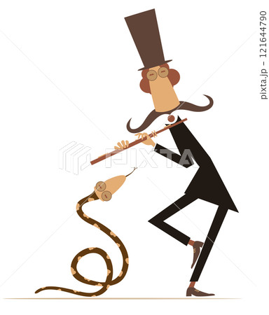 Cartoon musician playing flute to snake. Funny tamer in the top hat playing flute to snake. Isolated on white background Cartoon musician playing flute to snake. Funny tamer in the top hat playing flute to snake. Isolated on white background 121644790