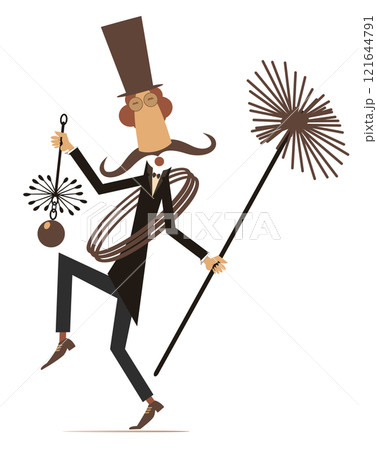 Cartoon chimney sweeper.  Funny chimney sweeper in the top hat with a rope and chimney brushes. Isolated on white background 121644791