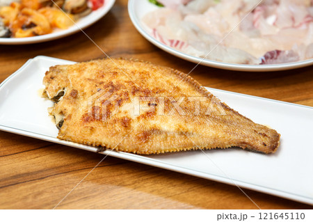 Korean seafood food. Grilled flounder fish Korean seafood food. Grilled flounder fish 121645110