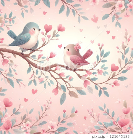 Valentines Day pattern with love birds perched on tree branches, surrounded by leaves and blossoms Valentines Day pattern with love birds perched on tree branches, surrounded by leaves and blossoms 121645185