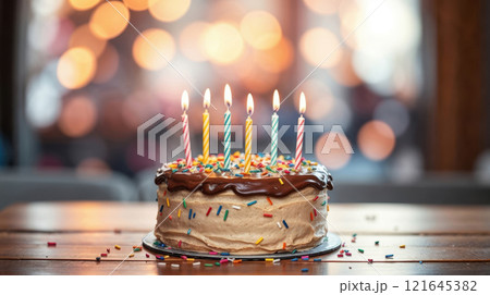 A chocolate frosted birthday cake 121645382