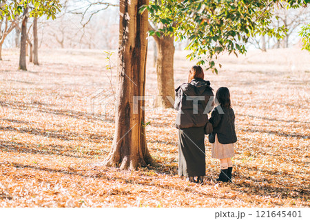 公園の木の下に立つお母さんと子供 121645401