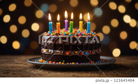 A chocolate frosted birthday cake 121645404
