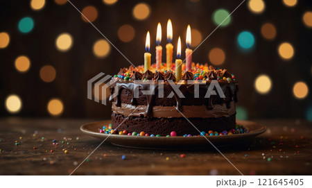 A chocolate frosted birthday cake 121645405