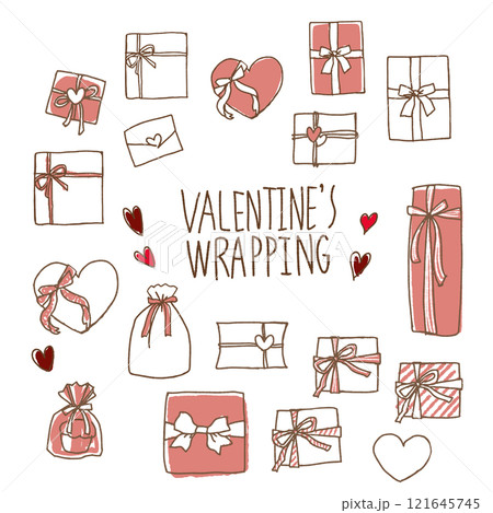 バレンタインのラッピングのおしゃれな線画セット バレンタインのラッピングのおしゃれな線画セット 121645745