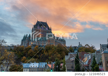 Quebec City Old Town street view in autumn sunset time, stunning red pink clouds over the sky in dusk. Text in French is "Funicular". 121646523