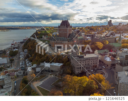 Aerial view of Quebec City Old Town in the fall season sunset time. Aerial view of Quebec City Old Town in the fall season sunset time. 121646525