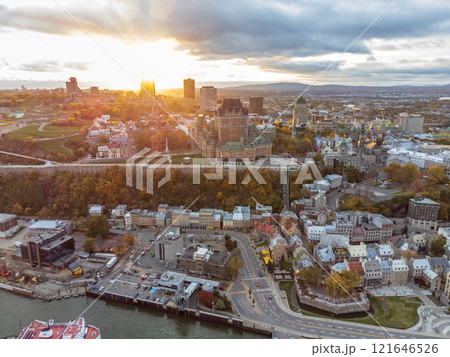 Aerial view of Quebec City Old Town and Old Port in the fall season sunset time. Aerial view of Quebec City Old Town and Old Port in the fall season sunset time. 121646526