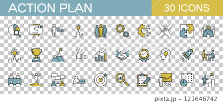 與行動計劃、業務和目標實現相關的圖標集顏色 121646742