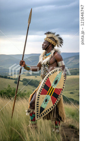 Zulu warrior stands proudly in traditional attire during a cloudy day in the countryside 121646747