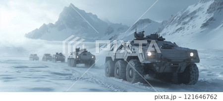 Armored vehicles traverse snowy terrain in cold mountainous landscape underneath overcast skies with rugged peaks in remote winter wilderness 121646762