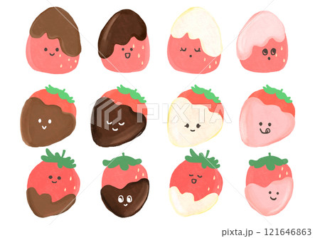 たくさんの苺のチョコがけイラストセット(顔つき) たくさんの苺のチョコがけイラストセット(顔つき) 121646863