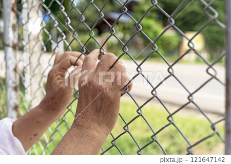 Both hands hold onto the iron wire fence. Both hands hold onto the iron wire fence. 121647142