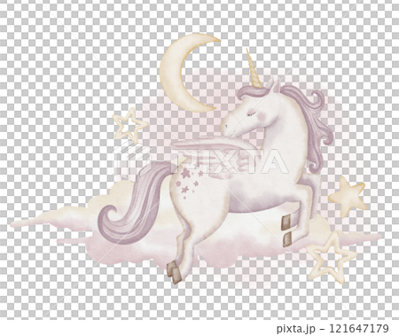 Watercolor flying Unicorn with pastel stars, clouds, and a crescent moon illustration. Illustration of Pegasus for children designs, girls nursery or childish posters. Drawing for baby shower cards. Watercolor flying Unicorn with pastel stars, clouds, and a crescent moon illustration. Illustration of Pegasus for children designs, girls nursery or childish posters. Drawing for baby shower cards. 121647179