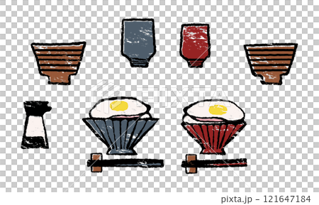 Illustration of two servings of rice with fried eggs, miso soup, tea and soy sauce (print style) 121647184