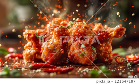 Crispy Fried Chicken With Chili Peppers And Herbs. Generative AI Crispy Fried Chicken With Chili Peppers And Herbs. Generative AI 121647197