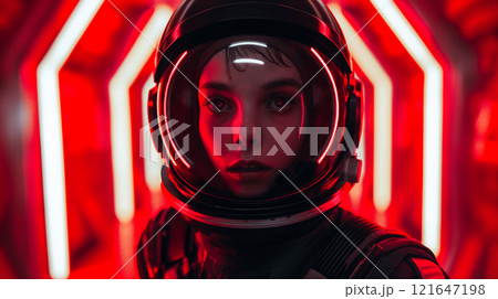 Futuristic black suit worn by woman on vibrant red glowing spaceship background. Generative AI Futuristic black suit worn by woman on vibrant red glowing spaceship background. Generative AI 121647198