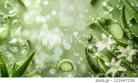 Vibrant Explosion of Aloe Vera Leaves With Dewdrops on Lush Green Background. Generative AI 121647236
