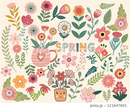Collection of spring Flower with leaves, floral bouquets Collection of spring Flower with leaves, floral bouquets 121647601