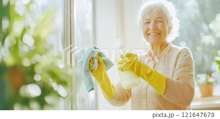 Elderly silver haired woman cleaning window with cloth in bright sunny room, spring cleaning concept Elderly silver haired woman cleaning window with cloth in bright sunny room, spring cleaning concept 121647678