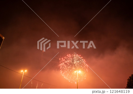 Budapest,Hungary. August 27,2022. To celebrate the Hungarian National Day, a massive fireworks display is performed in Budapest over the Danube. In the background, Buda Castle. 121648119