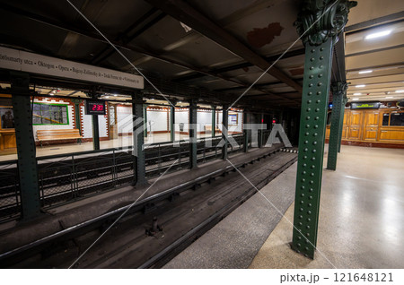 Budapest, Hungary. August 27, 2022. Shot inside the historic metro line 1. Bajza utca stop. Wood paneling and vintage ironwork. Budapest, Hungary. August 27, 2022. Shot inside the historic metro line 1. Bajza utca stop. Wood paneling and vintage ironwork. 121648121