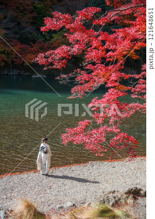 woman in Japanese kimono by red maple leaves in autumn, Arashiyama 121648651