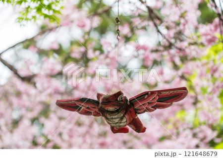 Red frog with wings by pink cherry sakura at Nyoirinji temple, Ogori Red frog with wings by pink cherry sakura at Nyoirinji temple, Ogori 121648679
