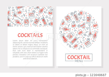 Linear Glasses with Cocktail in Pink Bar Card Vector Template 121648687