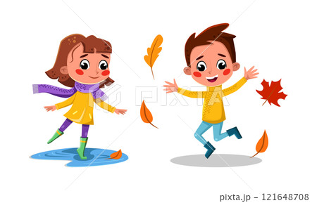 Happy kids playing with autumn leaves and walking through puddles in rubber boots cartoon vector 121648708