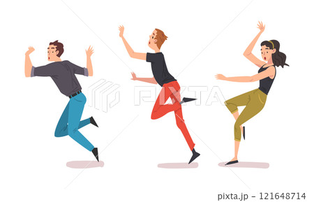 Set of falling people. Slipping men and woman with frightened face expression cartoon vector illustration Set of falling people. Slipping men and woman with frightened face expression cartoon vector illustration 121648714
