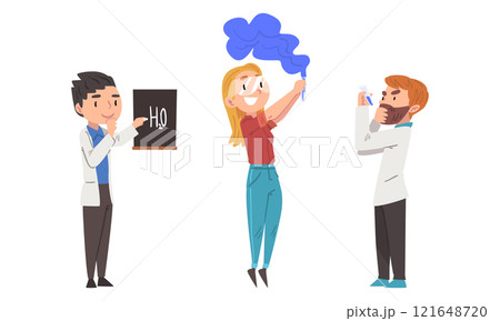 Chemists conducting experiments in scientific laboratory set cartoon vector illustration 121648720