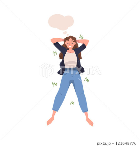 Woman Character Dreaming Imagining and Fantasizing Having Spontaneous Thought in Bubble Lying on Grass Above View Vector Illustration Woman Character Dreaming Imagining and Fantasizing Having Spontaneous Thought in Bubble Lying on Grass Above View Vector Illustration 121648776