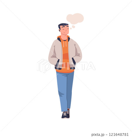 Man Character Dreaming Imagining and Fantasizing Having Spontaneous Thought in Bubble Walking with Hands in Pocket Vector Illustration Man Character Dreaming Imagining and Fantasizing Having Spontaneous Thought in Bubble Walking with Hands in Pocket Vector Illustration 121648781