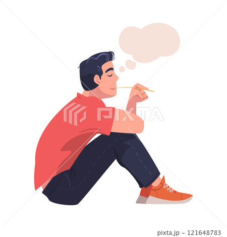 Man Character Dreaming Imagining and Fantasizing Having Spontaneous Thought in Bubble Sitting with Bended Legs Vector Illustration Man Character Dreaming Imagining and Fantasizing Having Spontaneous Thought in Bubble Sitting with Bended Legs Vector Illustration 121648783