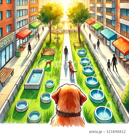 バルコニーから散歩中の犬を見ているレトリバー犬の後ろ姿　クレヨン画風　Generative AI 121648812