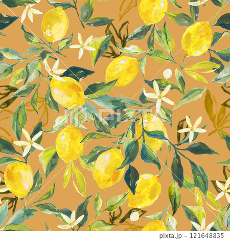 Beautiful seamless pattern with watercolor fresh lemons with leaves and flowers in sunny Mediterranean style. Ready summer print design for wallpapers, wrappings, textile. Beautiful seamless pattern with watercolor fresh lemons with leaves and flowers in sunny Mediterranean style. Ready summer print design for wallpapers, wrappings, textile. 121648835