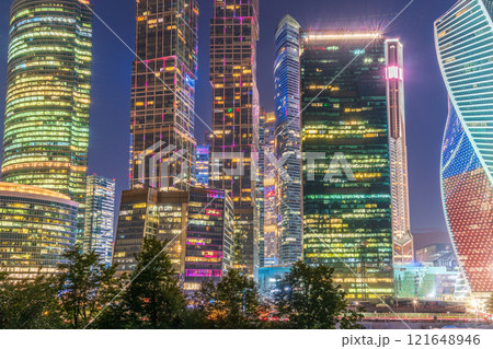 Moscow city at summer night. Modern skyscrapers in Moscow-city downtown. Moscow, Russia 121648946