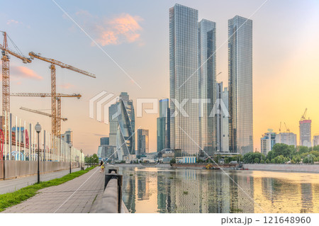 High buildings of Moscow-City at Moskva River at summer sunset, Russia. 121648960