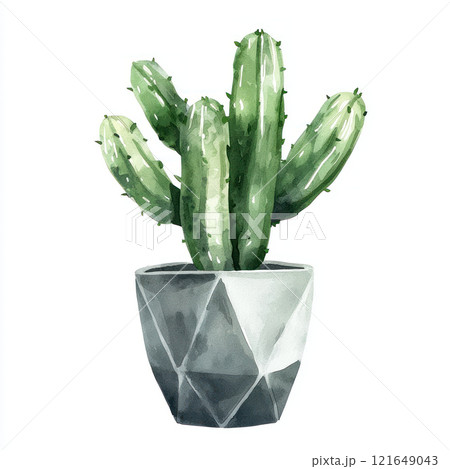 Watercolor style depiction of green cactus in geometric pot, showcasing its unique shape and vibrant color Watercolor style depiction of green cactus in geometric pot, showcasing its unique shape and vibrant color 121649043