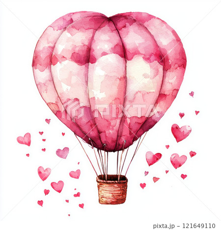 whimsical hot air balloon in heart shape, surrounded by floating hearts, evokes sense of love and adventure. Perfect for romantic themes 121649110